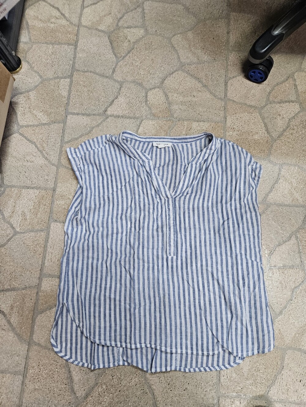beachlunchlounge Blue and White Striped V-Neck Cap Sleeve Blouse